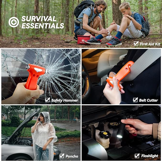 Car Emergency Kit with Jumper Cable, First Aid Kit, Winter Travel Assistance with Detachable Snow Shovel, Safety Emergency Ki