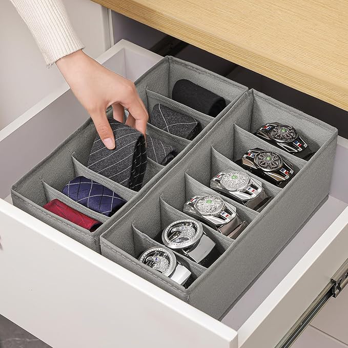 3 Packs Fabric Belt Organizer for Closet and Drawer, Foldable 6 Grids Dresser Drawer Organizers, Belt Tie Holder, Tie Box-Gre