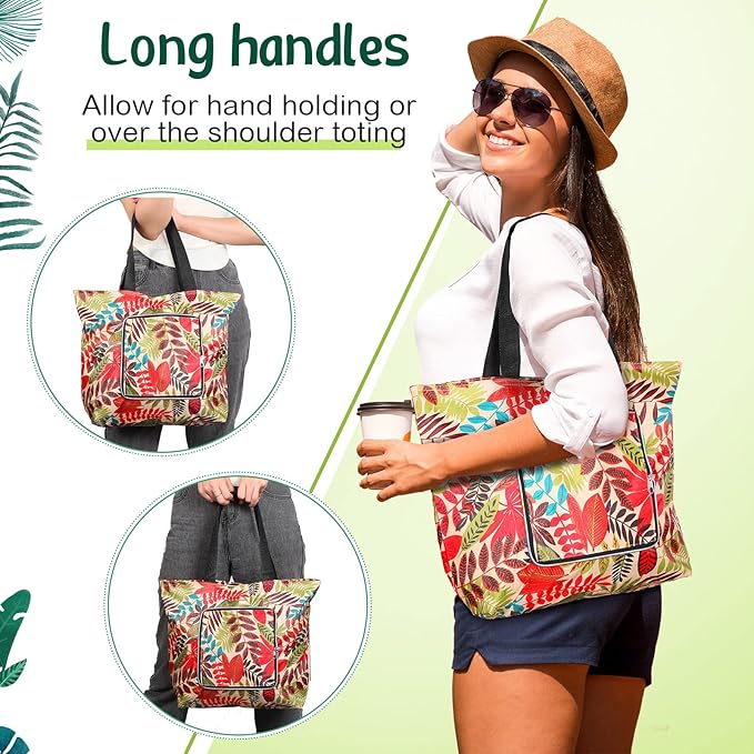Cunno 6 Pcs Reusable Foldable Grocery Bags, Large Capacity Shopping Bag with Zipper Handle, Waterproof, Women