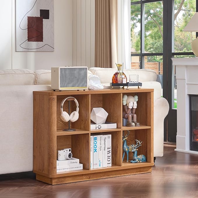 Joaxswe 6 Cube Storage Book Shelf, 40" Wide Low Horizontal Bookcase with Curved Edge, Floor Standing 2-Tier Wooden Bookshelf 