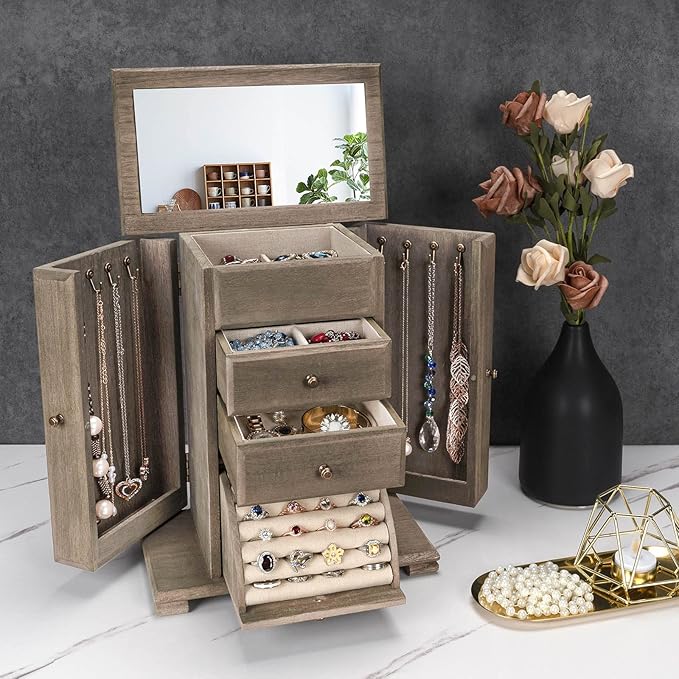 Emfogo Jewelry Box for Women, Rustic Wooden Jewelry Boxes & Organizers with Mirror, 4 Layer Jewelry Organizer Box Display for
