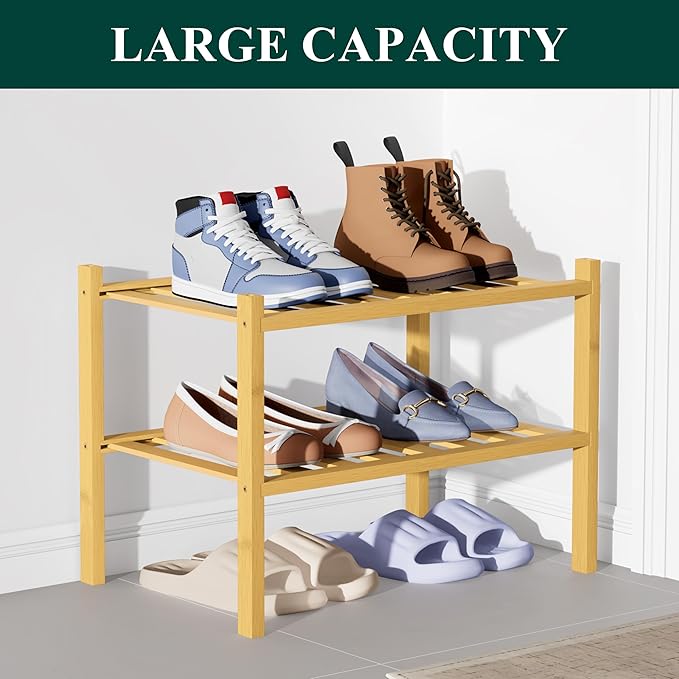 Smiry Bamboo Shoe Rack for Closet, 2 Tier Small Wooden Stackable Shoe Organizer, Free Standing Shoes Storage Shelf for Entryw
