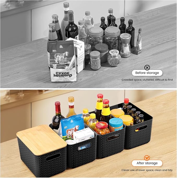 Ohmlove 4 Packs Storage Bins with Bamboo Lids - Plastic Storage Containers with Lids Stackable Storage Box: Storages Baskets 