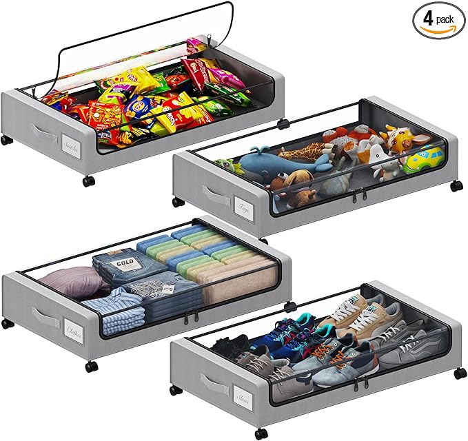 Under Bed Storage with Wheels, XXL 60L Under the Bed Storage Bins, Underbed Storage Containers with Lids & Label, Rolling Met