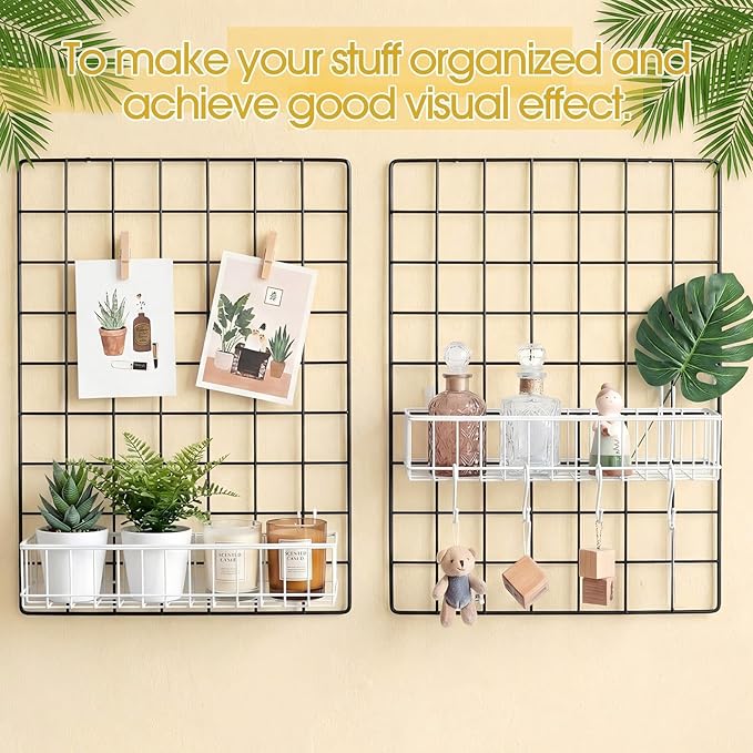 White 4 Pack Grid Wall Hanging Baskets with 16 S Hooks, 15.8 x 3.9 x 3.2 Inch Metal Wire Wall Mount Storage Baskets for Grid 