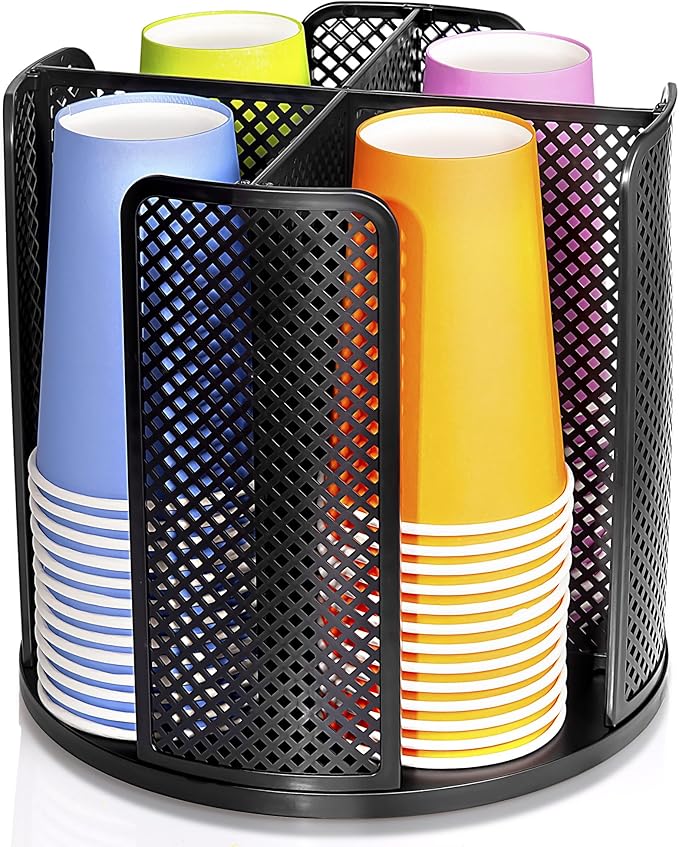 Rotating Paper Cup Dispenser, Cup Holder with 4 Compartments, Disposable Coffee Cup Dispenser Removable, Plastic Cup Storage 