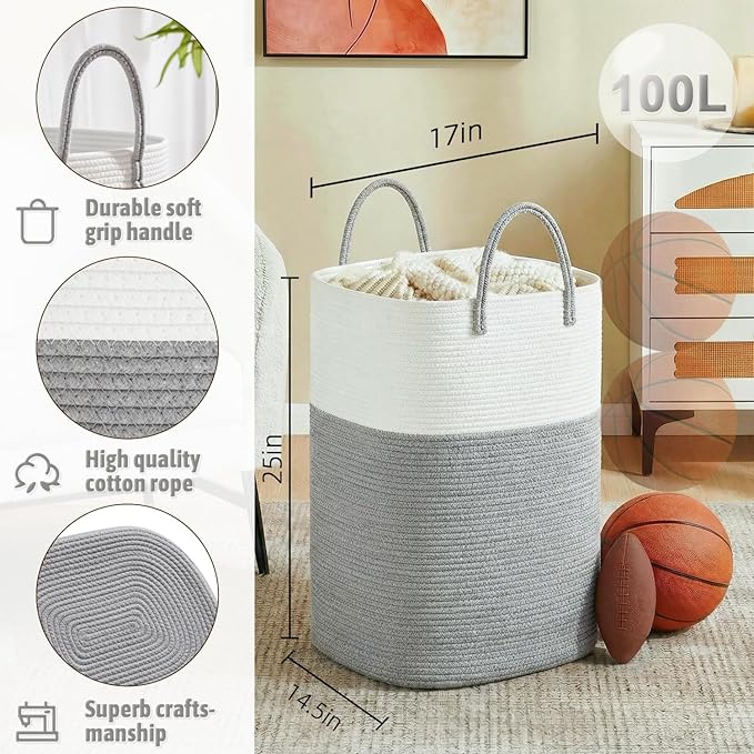 Laundry Basket,Woven Cotton Rope Laundry Hamper,Versatile Storage for Dirty Clothes,Baby Toys,and Blankets in Bathroom, Nurse