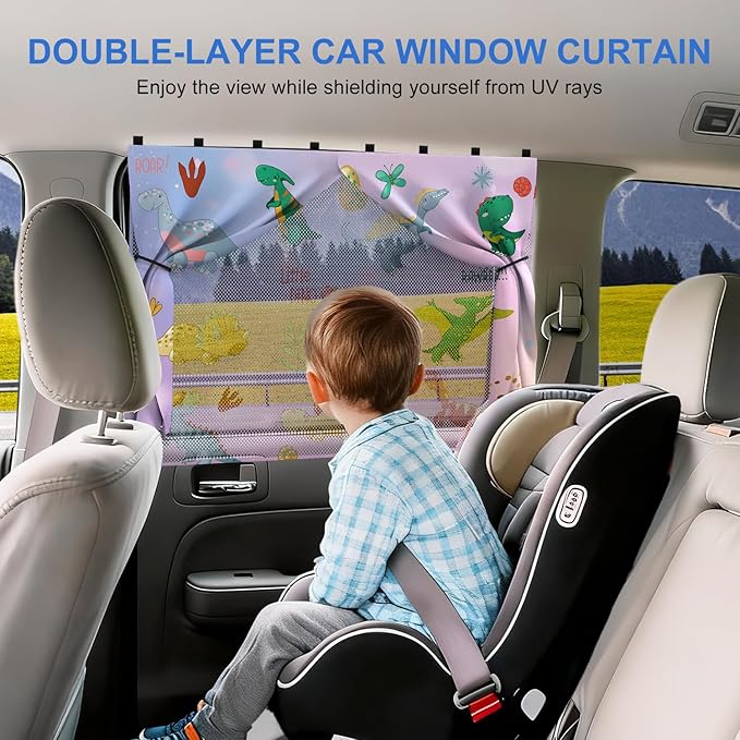 Car Window Shades with 8 Magnets-26.8"x19.7" Car Rear/Side Window Sunshade for Baby Semi-Transparent 2-in-1 Universal Auto Sun Shade for Kid & Pet Protection (2 Pack) Dinosaur Cartoon
