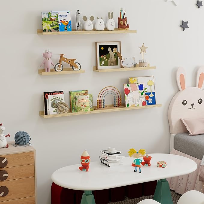 Fun Memories Picture Ledge Shelf, 16 Inch Long Floating Shelves Set of 6, Picture Shelf for Wall with Lip, Large Nursery Book