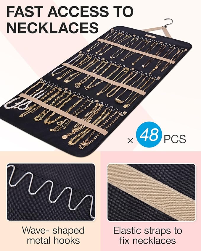 BAGSMART Hanging Jewelry Organizer Storage Roll with Hanger Metal Hooks Double-Sided Jewelry Holder for Earrings, Necklaces, 
