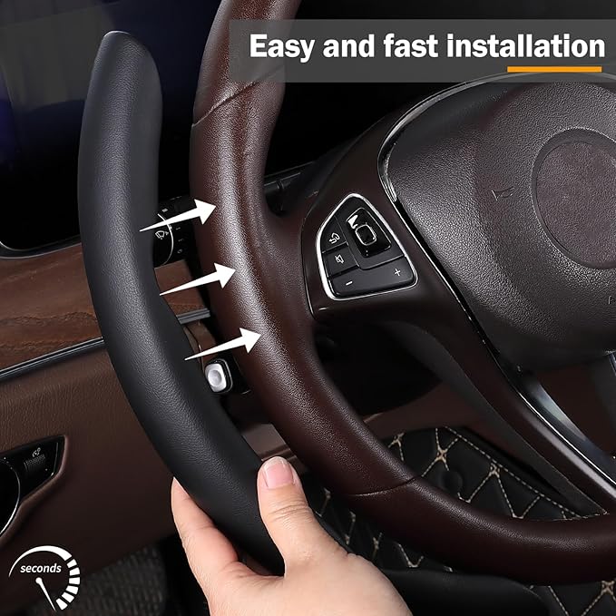 Car Steering Wheel Cover Leather Snap On 3Pcs Set Non-Slip Protector Wrap Steering Wheel Accessories 14.5-15 inch Universal B