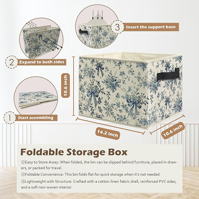 Chinoiserie Bow Floral Storage Box Bins, Blue and White Grandmillennial Flower Collapsible Storage Basket Organizer for Bedro