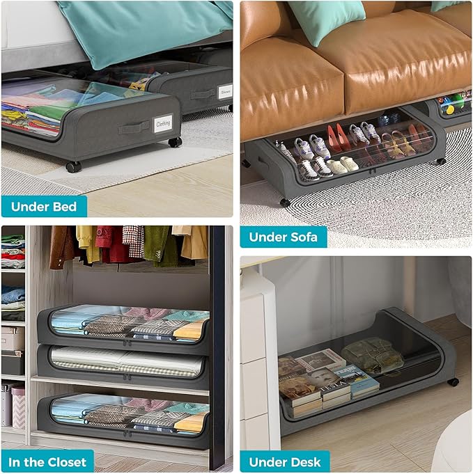oylik 4 Pack Under Bed Storage with Wheels, Under Bed Shoe Storage Larger Capacity with PVC Clear Window & Label, Under the B