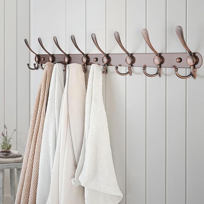 Dseap Coat Rack Wall Mount - 29.5” Long 8-Tri-Hooks Heavy Duty Coat Hanger Rail Wall Hooks for Hanging Coats Hats Clothing Cl