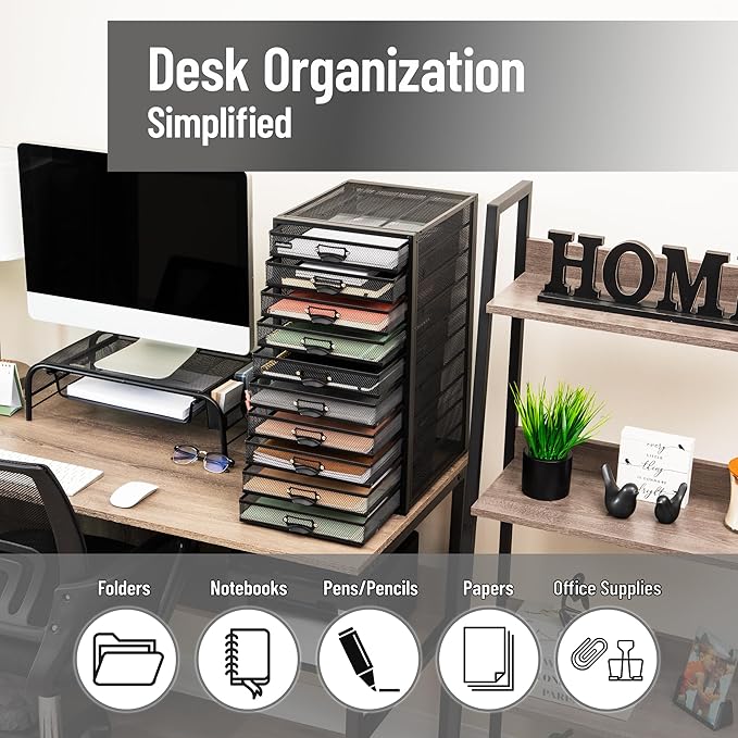 Mind Reader 10-Drawer Desk Organizer for Office Supplies, Crafts, Mail Sorting & More, Metal Mesh, 10.75"L x 14"W x 21.25"H, 
