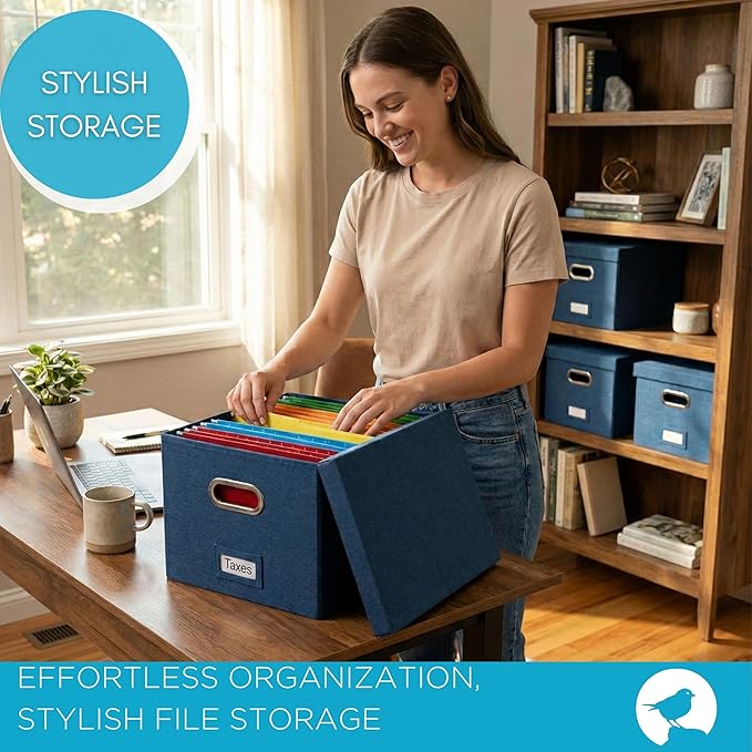 Internet's Best Collapsible File Storage Organizer - Decorative Linen Filing & Storage Office Box - Letter/Legal - Navy - 1 P