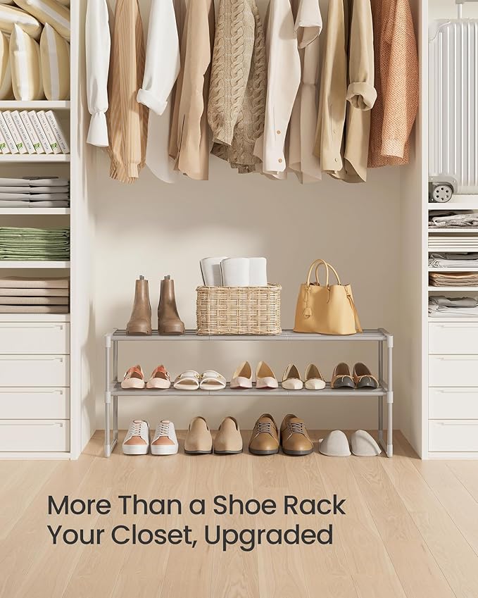 SONGMICS Shoe Rack, 2-Tier Shoe Organizer, Metal Storage Shelf, Upright or Upside Down, for 12-15 Pairs, Stackable, for Entry