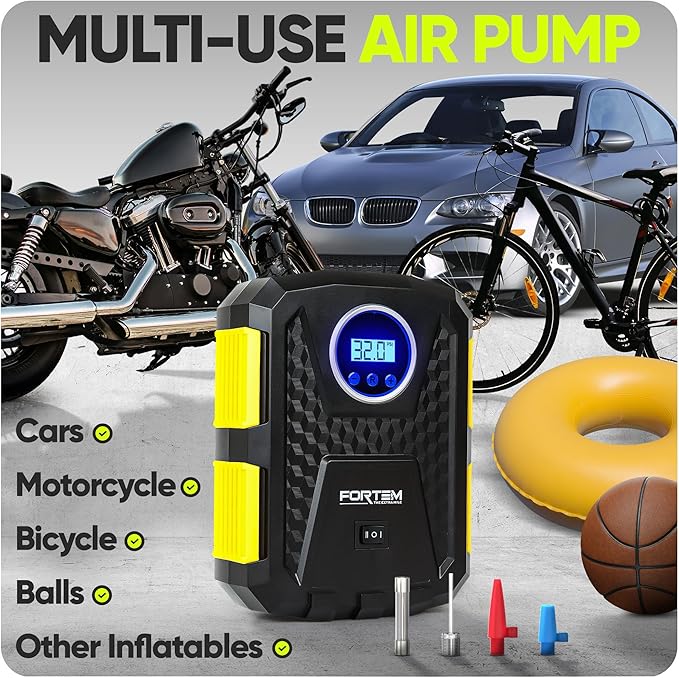 FORTEM Tire Inflator Portable Air Compressor, Air Pump for Car Tires and Bikes, Car Tire Pump w/Auto Shut Off, 150 PSI, 12V DC, LED Light, Carrying Case, for Men, Women