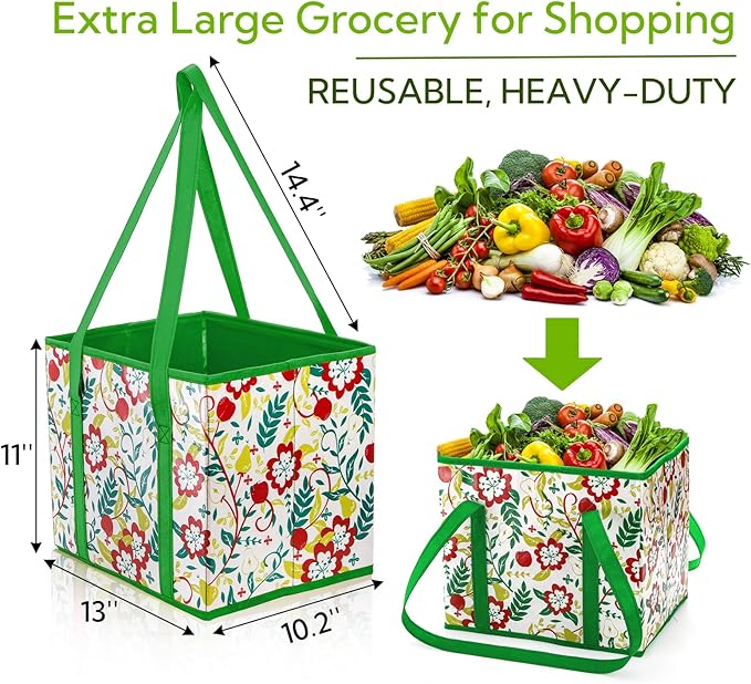 4 Pack Reusable Grocery Bags, Large Heavy-Duty Shopping Tote with Box Shape, Foldable Car Organizer Trunk Bin with Reinforced Handles Hard Bottom for Picnic, Toy, Cloth, Hold up to 50 Lbs