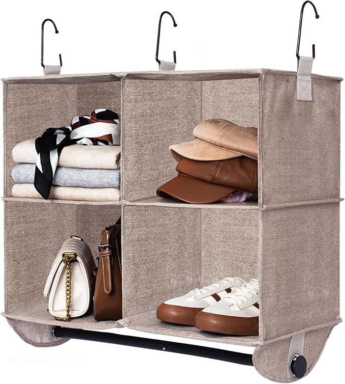 StorageWorks Hanging Closet Organizer with Metal Rod, 4-Section Closet Organizers and Storage, Collapsible Hanging Shelves fo