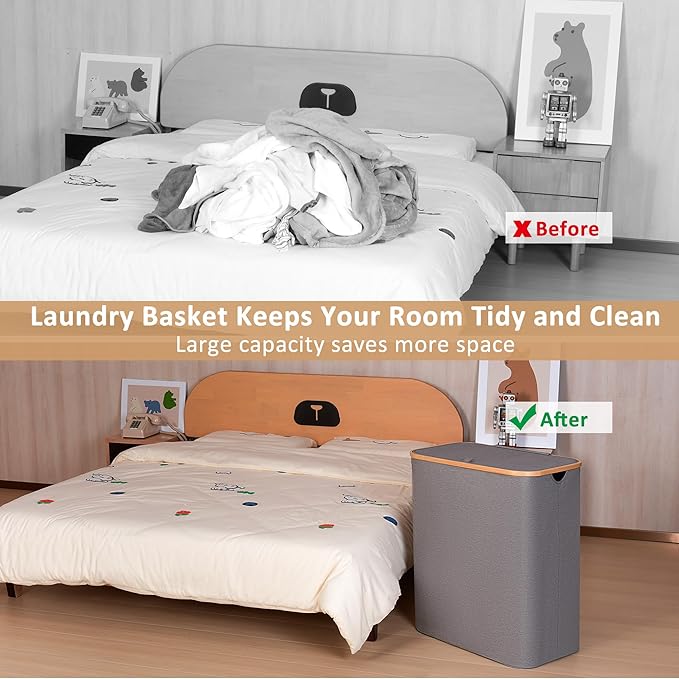 iEGrow 150L Laundry Hamper with Lid-Large Laundry Basket with Bamboo Handles, Grey Hampers for Laundry, Dirty Clothes Hamper 