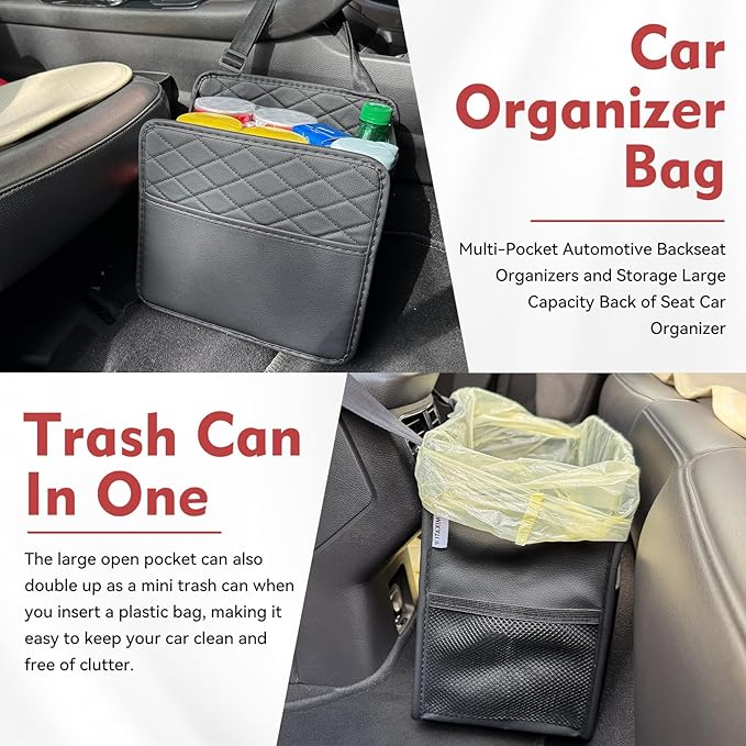 Upgrade Car Seat Organizer Backseat with Storage Pockets, Multipurpose Car Organizer Hanging, Car Trash Bag Can,Premium PU