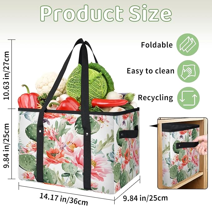 Reusable Grocery Bags Heavy Duty Shopping Bags Foldable Large Tote Bags with Long Handles & Hard Bottom