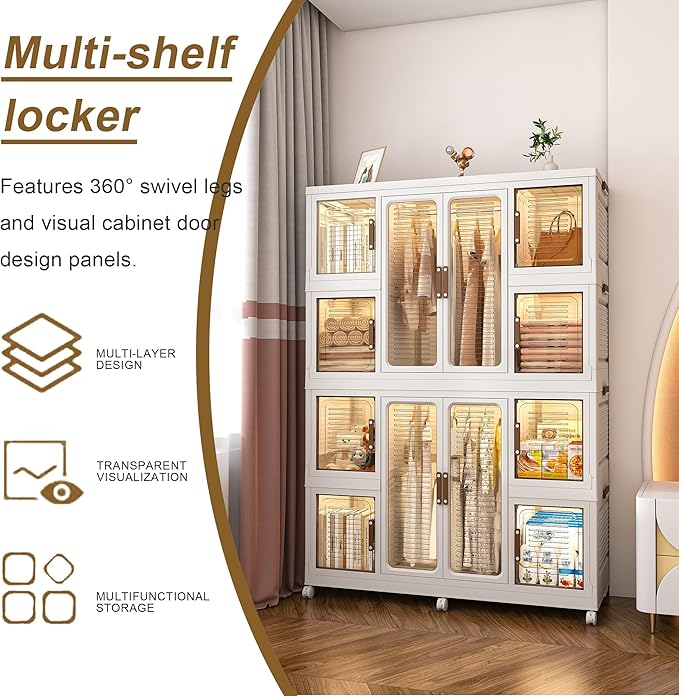 Portable Closet Wardrobe, Foldable Clothes Organizer with 10 Cubby Storage, 2 Hanging Rods, Easy Assemble Clothing Storage wi