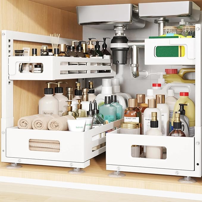 2 Pack 21IN-Depth Under Sink Organizer,Pull Out Cabinet Organizer With Smooth Cylindrical Rail,Metal Slide Out Drawer for Kit