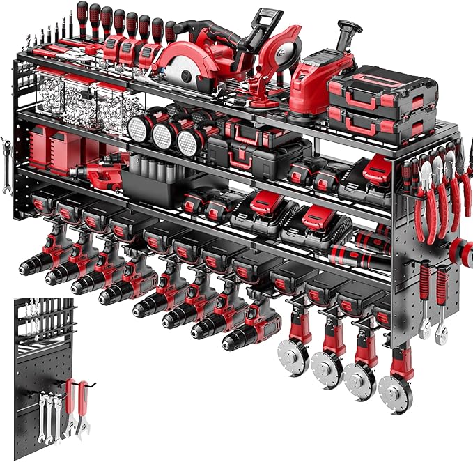 52" W Large Power Tool Organizer Wall Mount -12 Drill Holder for Garage,4 Layer Heavy Duty Power Tool Rack,Tool Organizer Sto