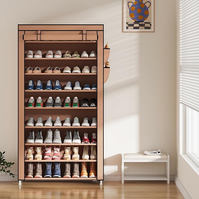Laiensia 9-Tier Vertical Shoe Rack Organizer, Space Saving Shoe Storage Organizer, Non-Woven Cover Shoe Shelf Holds 36-45 Pai