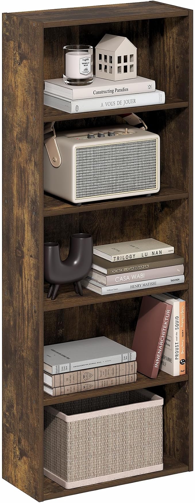Furinno Basic Book Shelf, 5-Tier Bookshelf, Storage Organizer Bookcase with Open Shelf, 7 x 17 x 44, for Living Room, Bedroom