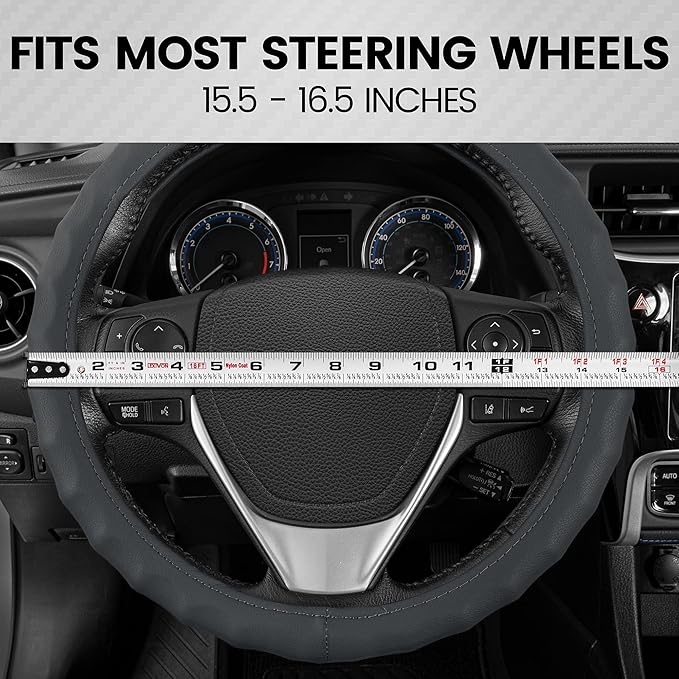 BDK Genuine Gray Leather Steering Wheel Cover for Car, Large 15.5-16 inch – Ergonomic Comfort Grip for Men & Women, Car Steer