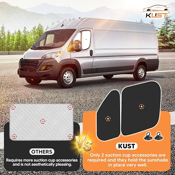 KUST 4-Pack Window Sun Shade for 2014-2025 Dodge RAM ProMaster 1500 2500 3500, Interior Accessories Cargo Van Sunshade Full Coverage Window Shades Silver & Black, Sun Shield Blocks UV Rays Heat