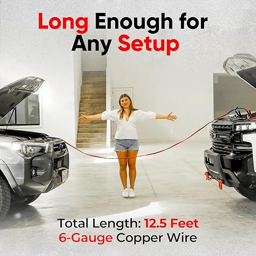 Safe Start Illumi Heavy Duty Jumper Cables Kit - 12FT, 6GA Jump Cable for Car, Truck - W/LED Indicators for Night Use, Reverse Polarity Protection, Copper Wire - Traditional Front-to-Front Design