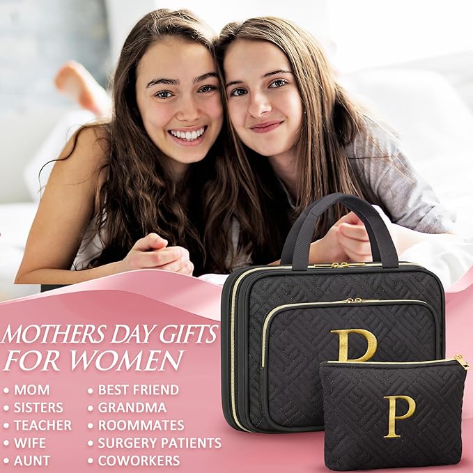 Gifts for Women, Initial Toiletry Makeup Bag Hanging Cosmetic Organizer with Embroidery Letter Personalized Nurse Teacher App
