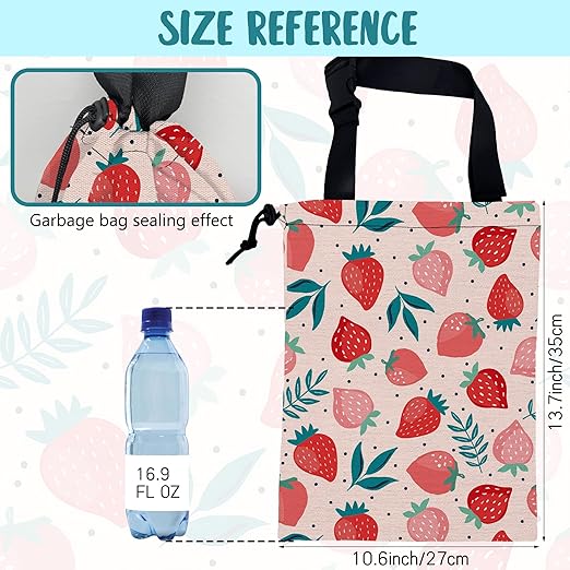 Car Garbage Bag Strawberry Berries and Leaves Hanging Canvas Car Trash Bag Waterproof Drawstring Car Back Seat Organizer for Car Back Front Seat Console with Adjustable Buckle