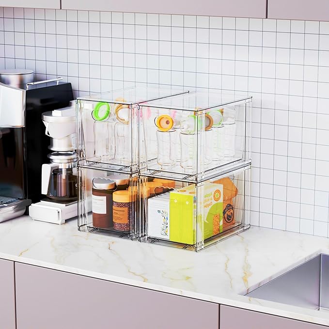 Yieach 2 Pack Baby Bottle Organizer for Countertop,Large Stackable Storage Bins Under The Sink,Acrylic Drawer Organizer and B