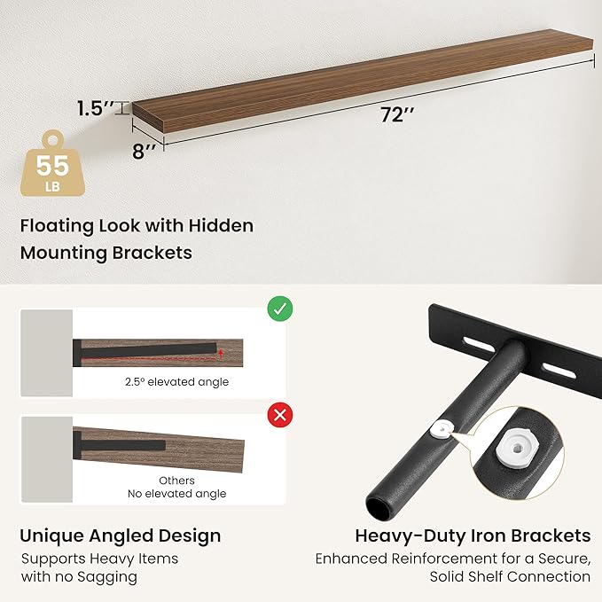 Fun Memories Rustic Wood Floating Shelves for Wall, Space-Saving Wall Mounted Shelves for Bathroom, Bedroom, Living Room and 