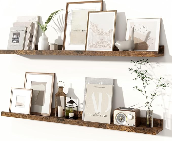 Fun Memories Picture Ledge Shelves Set of 2, 36 Inch Rustic Wall Mounted Floating Shelves with Lip for Home Storage and Décor