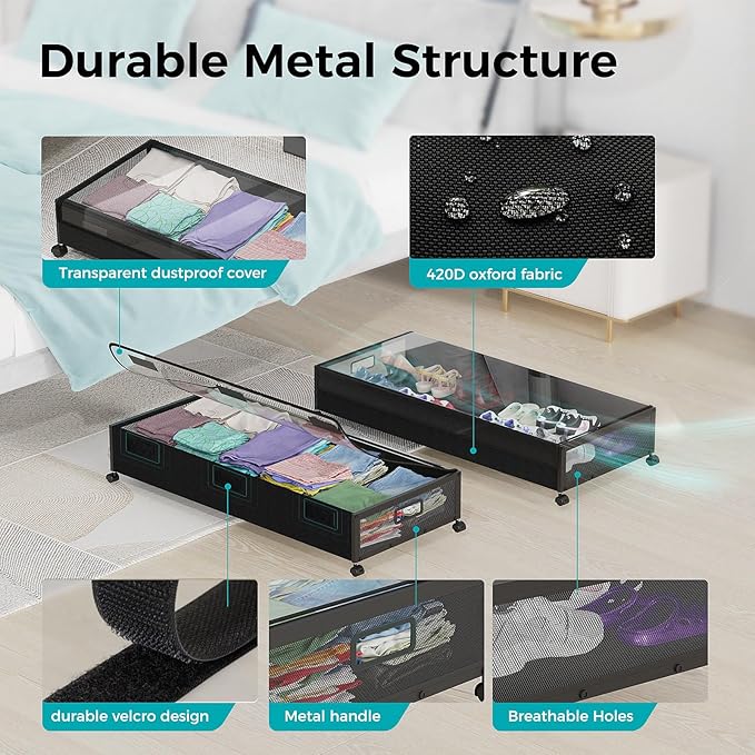 oylik Large Under Bed Storage with Wheels, Metal Under Bed Storage Containers with Clear Lid, Handle, Rolling Under Bed Shoe 