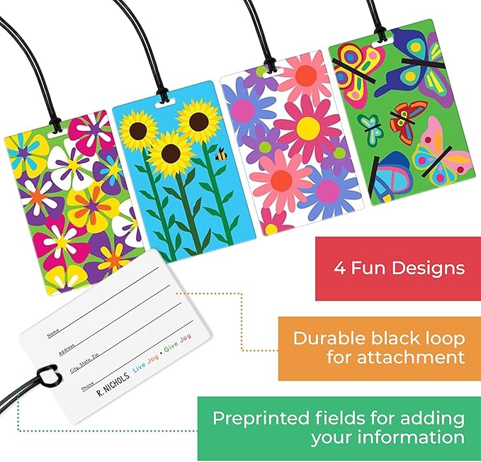 R. Nichols Garden Luggage Tag Set - Sturdy Waterproof Plastic Travel Labels for Baggage, Suitcases, Backpacks, and Diaper Bag