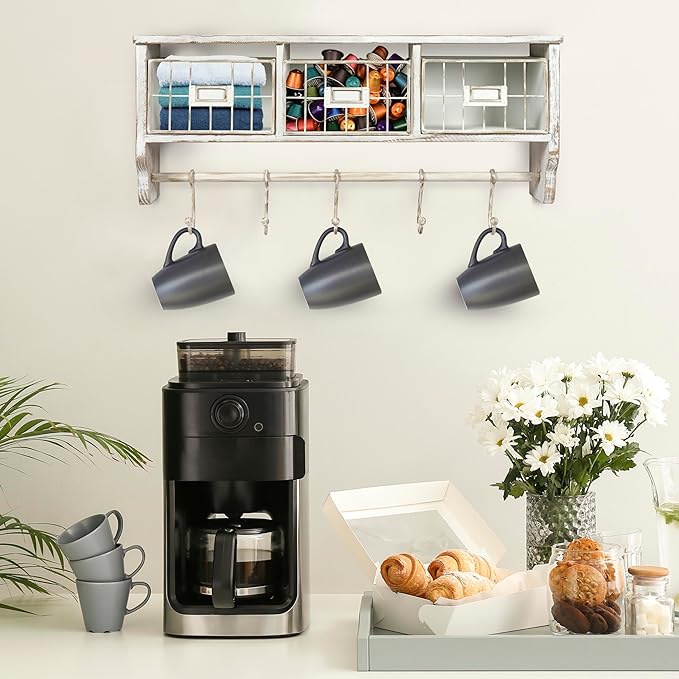 BizChair Wall Mounted Storage Rack - Whitewashed Solid Pine Wood - 24 Inch - Upper Shelf - 5 Hooks - Wire Baskets - For Entry
