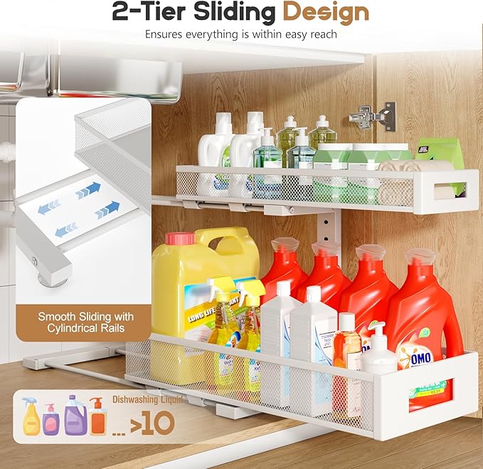 1 Pack 19IN Depth Under Sink Storage Organizer, Large 2-Tier Elegant Mesh Pull Out Shelf for Kitchen and Bathroom Cabinet Org
