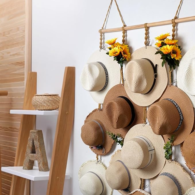 Macrame Hat Organizer Rack for Wall 15 Clips 31x66in Large Fedora Hat Hangers Display for Wide Brimmed Hat Holder Storage Boh