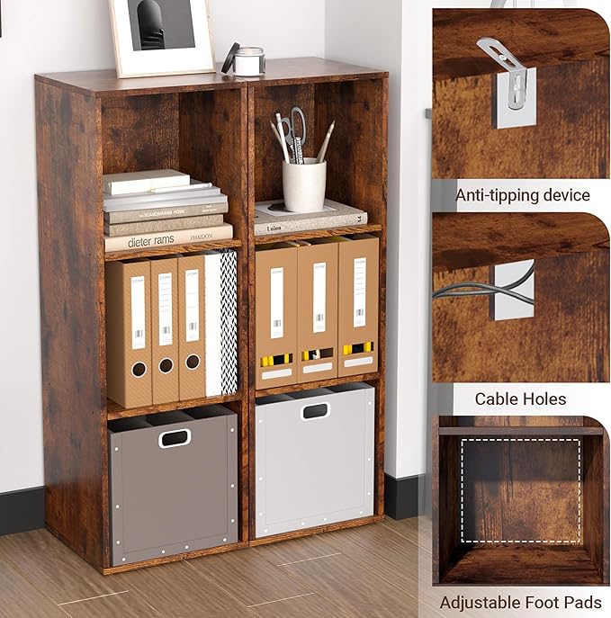 Cube Storage Organizer, 3 Cube Retro Bookshelf, Freestanding 3 Tier Open Shelf, Rustic Brown Retro Shelves for Home Office, B