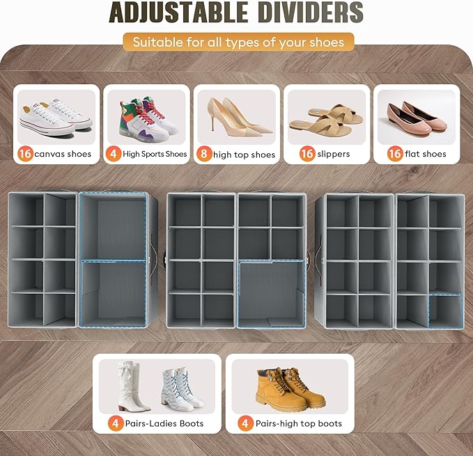 Budding Joy 2 Pack Shoe Organizer for Closet, Clear Foldable Shoe Storage Containers Adjustable Dividers Fits 16 Pairs,Shoe S