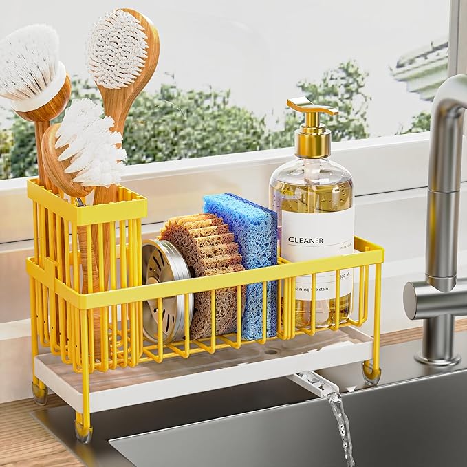 Cisily Sponge Holder for Kitchen Sink, Sink Caddy Organizer with High Brush Holder, Kitchen Countertop Organizers, 304 Stainl