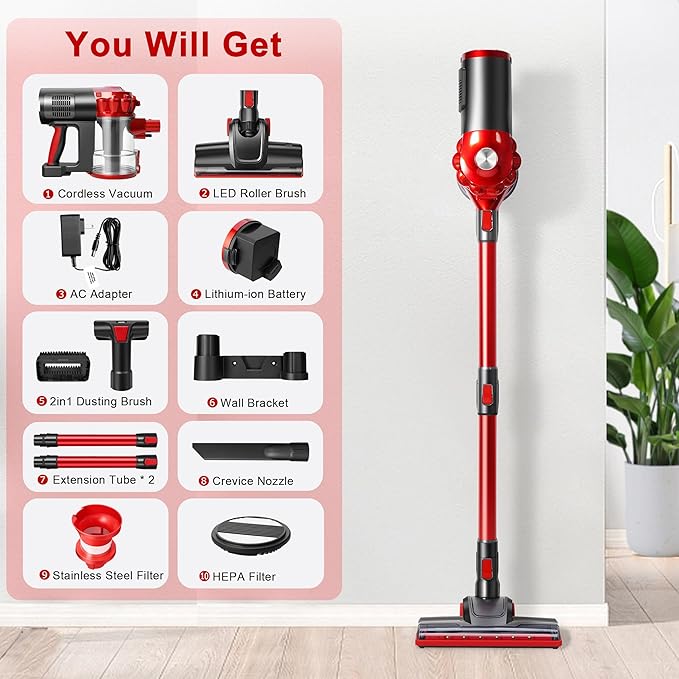elezon A200 Cordless Vacuum Cleaner, Stick Vacuum with Powerful Suction, 38 Mins Runtime, Rechargeable Battery, HEPA Filter, 