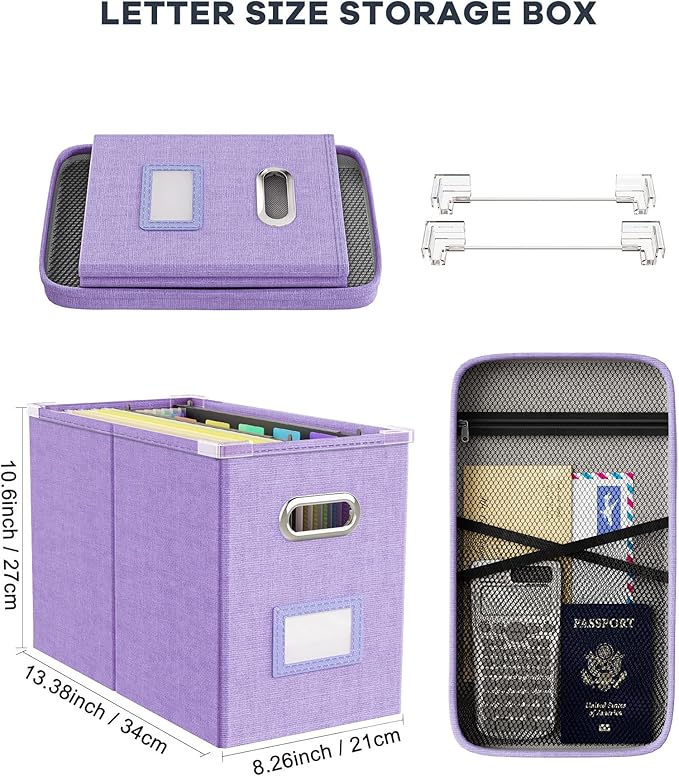 Oterri File Organizer Box with Lid, Hanging Filing File Box with Mesh Pocket, Document Organizer Box for Letter Files, Portab
